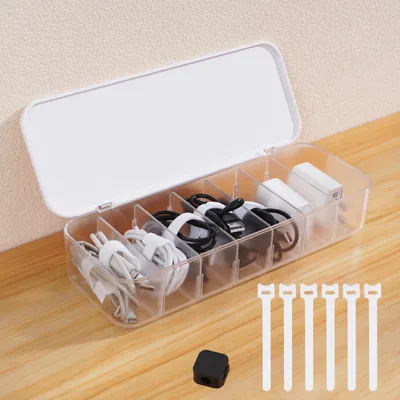Kabel-Organizer-Box mit 7 Riemen und 6 Clips, Weiß