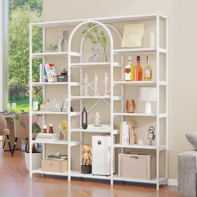 Produktbild von Merax Bücherregal Vitrine 180 cm, Modernes Standregal mit Bögen, mit Mehrfachablagen, Offenes Bücher, für Wohnzimmer Büro, Metall Regal, Weiß