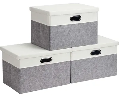 Produktbild von Aufbewahrungsbox mit Deckel, klein, faltbarer Stoff-Aufbewahrungswürfel, Korb, Aufbewahrungsbox, hellgrau/weiß, klein, 33 x 22 x 18 cm
