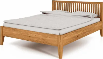 Produktbild von Bett Sydo 1 aus Wildeiche massiv 120x200 cm mit Holzkopfteil und Holzbeinen