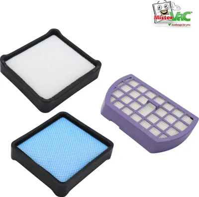 Three vacuum cleaner filters are arranged on a white background, with a logo in the top right corner.