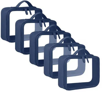 Immagine prodotto di Confezione da 5 sacchetti da viaggio trasparenti, beauty case, trasparenti per uomo e donna, sacchetti da viaggio per il bagaglio a mano in aereo per liquidi, blu scuro