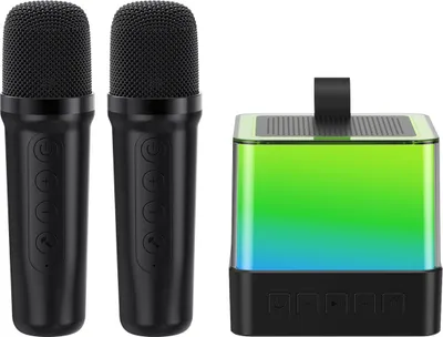 Produktbild von Karaoke-Maschine fuer Kinder und Erwachsene, BT-Singlautsprecher mit 2 kabellosen Mikrofonen und LED-Leuchten, tragbare kleine Karaoke-Maschine fuer die Party zu Hause