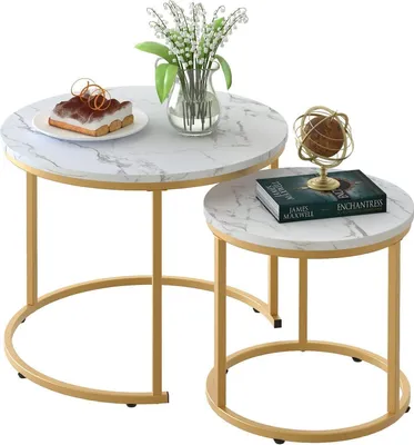 Obrázek produktu pro Kulatý konferenční stolek set dřevo mramor zlatý rám 60/40 cm obývací pokoj kancelář