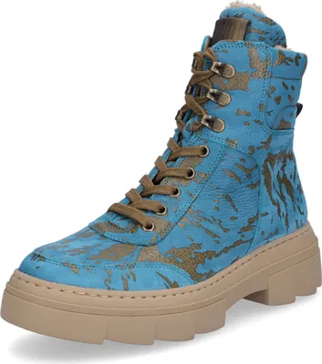 A single blue boot with gold accents and a tan sole is shown against a white background.
