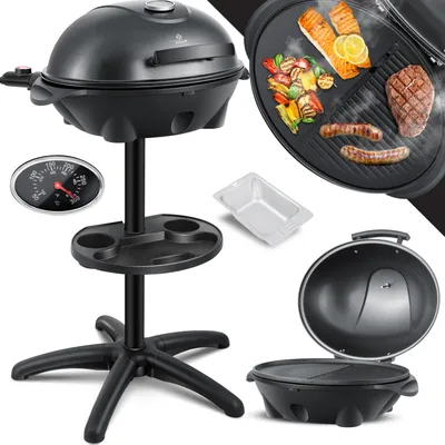 Produktbild von KESSER® elektrischer Elektrogrill 2in1 Tischgrill - Standgrill mit Deckel Standfuß | max. 2400 Watt Thermometer | Antihaftbeschichtung | XXL Grillplatte | integrierte Ablagefläche Elektro-Säulengrill
