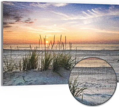 Produktbild von DEQORI Hybrid Leinwand Bild 90x60 cm 'Sonnenuntergang am Strand' Wandbild Glas flach modern