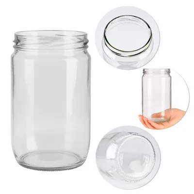A clear glass jar is shown from multiple angles, including a full view, a top-down view of the opening, and a bottom view. A hand is shown holding a similar jar in one of the inset images.