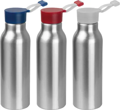 Produktbild von 3x Alu Trinkflasche / Füllvermögen von 600 ml / mit 3 verschiedenen Deckelfarben