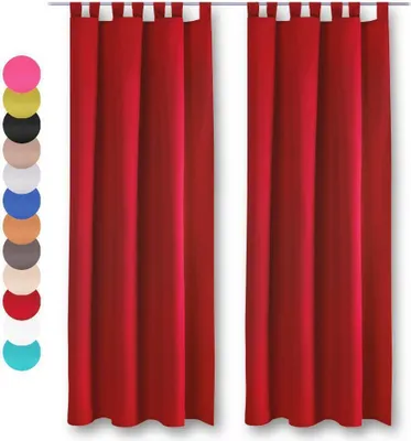 Two red curtains with loops at the top are displayed against a white background. To the left of the curtains, a vertical stack of colored circles shows available color options.