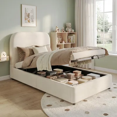 Produktbild von Polsterbett 90x190 cm mit Stauraum & Lattenrost, Samt Beige Bettgestell hydraulisch Kinderbett Bettkasten 150kg Belastbarkeit Geräuschlos Einzelbett