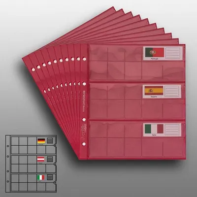 Produktbild von Prophila Collection 10 Münzhüllen für 3 komplette €-Kursmünzensätze mit je 8 Münzen, mit 10 roten Karton-Zwischenbl. + 24 Flaggen