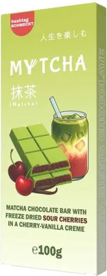 Produktbild von hashtag schmeckt Mytcha Matcha Chocolate Bar Freeze Dried Sour Cherries 100g