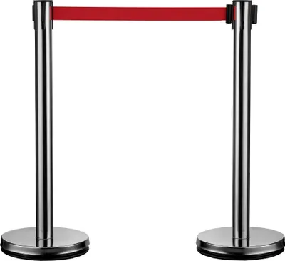 Image de Wiltec 2x Poteau guidage Couleur argentée Acier fin 320 x 70 x 900 mm 10,5 kg Sangle rouge rétractable 200 cm Épaisseur 0,4 mm Barrière Sécurité Événements Sport Musique Aéroport Guidance Foule