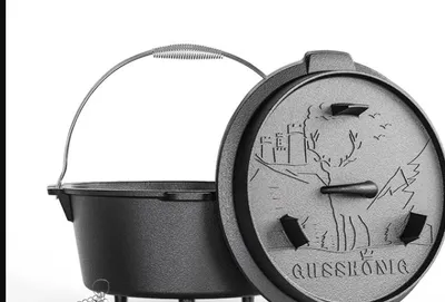 Obrázek produktu pro GUSSKÖNIG Dutch Oven sada [7 l] s nožičkami – vypálený litinový hrnec se zvedákem poklice 2v1, čističem z kroužků a ošetřující pastou [3–5 osob]