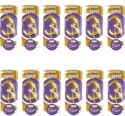 Produktbild von Backdecor 12 Wachskerzen gold in Ballon Form mit der Nr. 3 für festliche Tortendekorationen