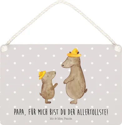 Produktbild von Mr. & Mrs. Panda holzbild Bären mit Hut DIN A5 - Grau Pastell - Geschenk, Türschild, Holzschild, Paps, Vatertag, Wandbild Holz, Kinder, Muttertag, wandtafel, Schild