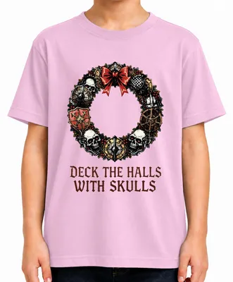 Produktbild von Deck The Halls With Skulls Totenkopf Weihnachtskranz Metal düster Kinder T-Shirt, Pink, 152