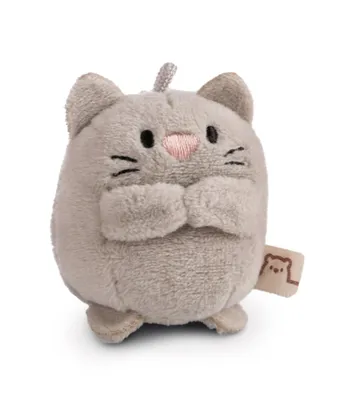 A small, plush cat toy with a tag attached.