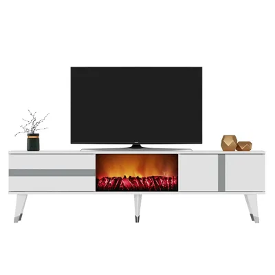 Produktbild von Skye Decor, Vania Fireplace - White, Silver, TV-Ständer, Weiß, 100 % MELAMINBESCHICHTETE SPANPLATTEN, 150 x 50 x 29,6 cm