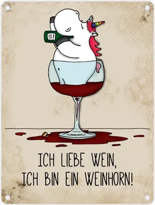 Produktbild von Honeycorns Metallschild mit Einhorn Motiv und Spruch: Ich bin ein Weinhorn!