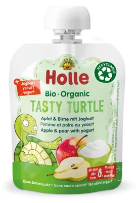 MUS SMACZNY ŻÓŁWIK (JABŁKO - GRUSZKA - JOGURT) BEZ DODATKU CUKRÓW OD 8 MIESIĄCA BIO 85 g - HOLLE