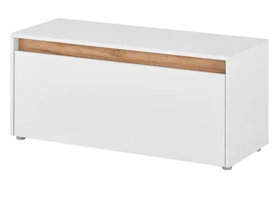 A white storage bench with a wood-grain accent.