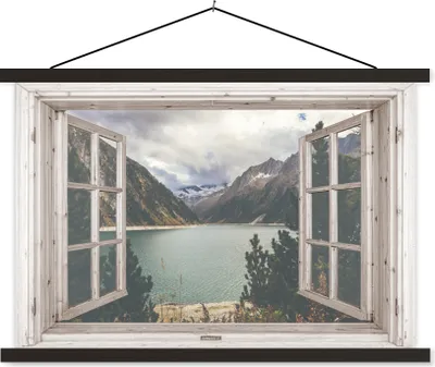 Produktbild von MuchoWow® Textilposter Aussicht - Wasser - Berg 120x80 cm mit schwarzem Rahmen - Wanddeko