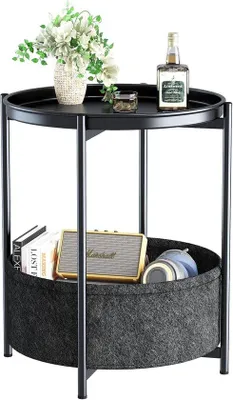 Produktbild von Ibenzoa® Runder Beistelltisch 44,5 x 44,5 x 52 cm, schwarzer Metallrahmen mit abnehmbarem Metalltablett und Stoffkorb, 2 Ebenen, für Innen & Außen, verstellbare Füße
