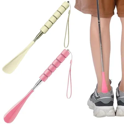 Immagine prodotto di Bastoncini per infilare i calzini, telescopici, lunghezza regolabile da 30 a 70 cm, in acciaio inossidabile, colore beige e rosa, confezione da 2 pezzi