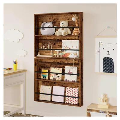 Produktbild von Zeitschriftenhalter aus Holzwerkstoff, Altholz, mit 2 Regalen zur Wandmontage, 80x12x70 cm
