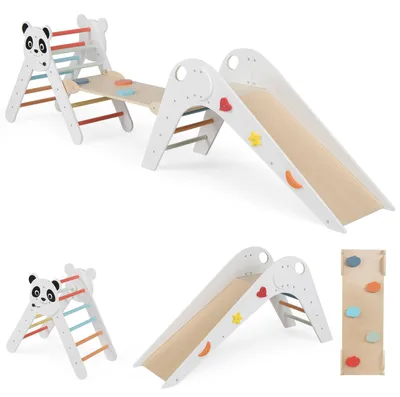 Produktbild von COSTWAY Kletterdreiecke Set, faltbares Montessori-Kletterset aus Holz mit Panda-Motiv, Rutsche, Rampe, Kletterleiter&Cartoon-Blöcken, für Kinder 3+