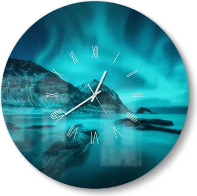 Produktbild von DEQORI Glasuhr Ø50 cm Römisch 'Polarlichter in Norwegen' Wanduhr Glas Uhr Design leise