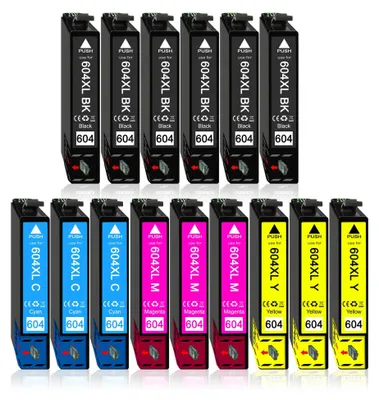 A collection of printer ink cartridges arranged in rows.