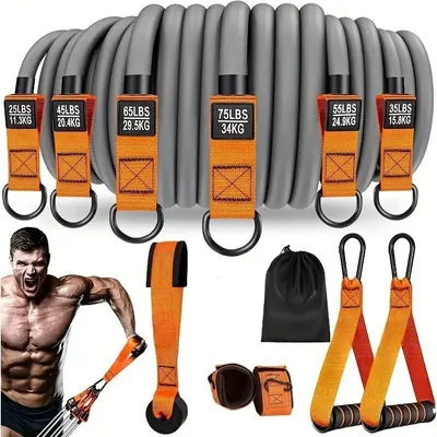 Produktbild von INF 12-teiliges (136 kg) Multifunktionales Fitness Widerstandsband Set für Zuhause Grau Orange