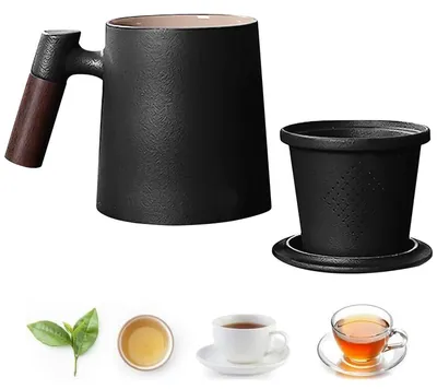 Immagine prodotto di Tazza in Vetroceramica con coperchio e filtro, capacità 400 ml, manico in legno, colore nero, ideale per tè sfuso