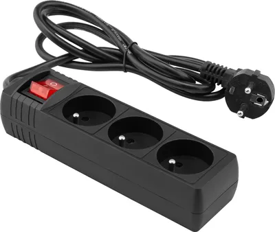 A black power strip with three outlets and a red switch, connected to a black power cord with a European plug.