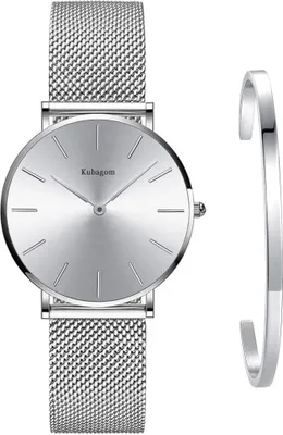 Produktbild von Kubagom Damen Uhren Analog Quarz Edelstahl Wasserdicht, Ultradünne Mesh Armband, Set mit Armreif, Elegante und Stilvolle Uhr für Frauen