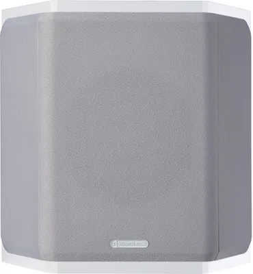 A studio shot of a gray speaker with a white trim and a silver logo on the front.