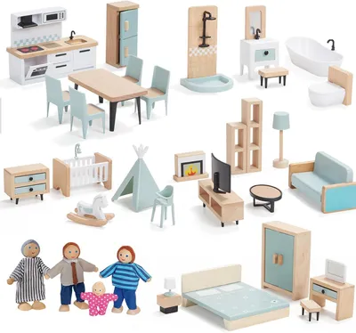 Produktbild von Puppenhaus Möbelset 36 teilig, Holz, mit Puppen und Zubehör, Spielzeug für Kinder ab 3 Jahren
