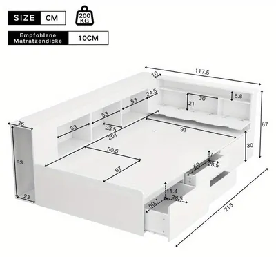 Obrázok produktu pre Jednolôžková posteľ 90x200 cm - Biela posteľ s úložným priestorom, vybavená zásuvkami a skrinkou - Úsporná