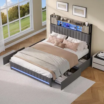 Produktbild von INONEFT Bett mit Schubladen, 140 x 200 cm, Leinenbezug, 4 Schubladen, Kopfteil mit Stauraum, mit LED-Lichtleiste und USB-Anschluss, ohne Matratze