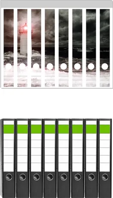 Produktbild von Wallario 8 Stück schmale Ordner inkl. Klebeetiketten mit Motive Leuchtturm im Wasser bei stürmischer See -  Set mit Rückenschildern / Ordnerrücken Stickern