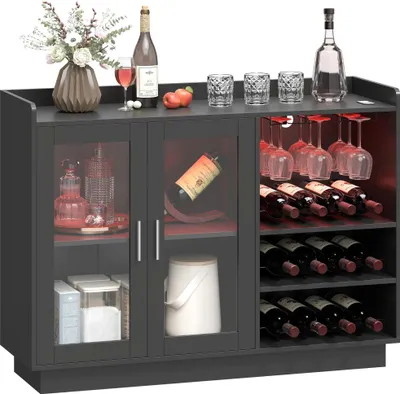 Obrázek produktu pro Barový skříň - Skříň na víno s držákem na láhve - LED RGB osvětlení - Pro 12 láhví - Rozměry 120x38x88 cm - Dřevo - Moderní styl - Černá