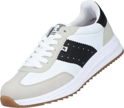 Auf dem Bild ist ein mehrfarbiger Freizeitschuh zu sehen der von der Seite betrachtet wird. Der Schuh verfügt über ein modernes Design mit verschiedenen Farbtönen und auffälligen Mustern.