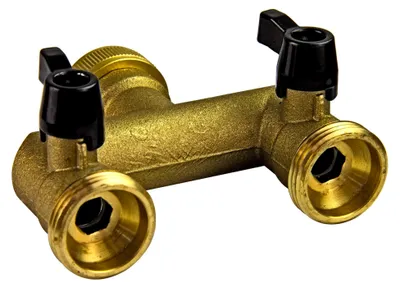 Produktbild von Wasserverteiler 2-Wege mit Absperrhähnen für Zulaufschläuche, 1 Zoll Messing, zwei Anschlüsse, geeignet für Garten, Haus Innen- und Außenbereich