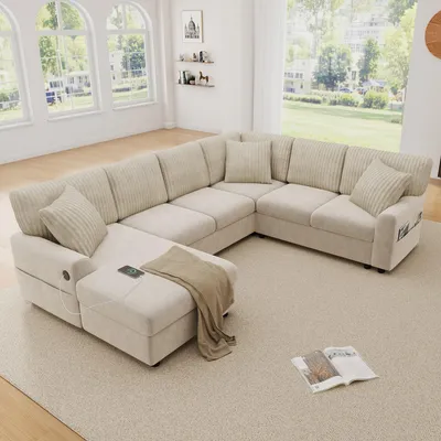 Immagine prodotto di Divano angolare a forma di U in chenille e velluto, divano a 6 posti con chaise longue, divano modulare con cuscini, dotato di porta USB e tasche laterali, colore beige
