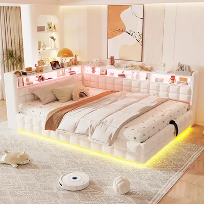 Obrázek produktu pro MODFU Čalouněná postel s rozkládací funkcí, 140 × 200 cm, s LED osvětlením, denní lůžko s hydraulickým úložným prostorem, multifunkční postel s roštovou základnou, potah z veluru, barva béžová (bez matrace)