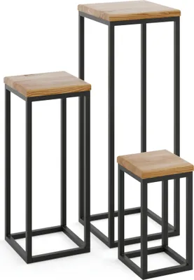 Produktbild von LAMO Manufaktur Pflanzenständer Set - 3 Stücke 30/50/70 cm | Blumenständer Metall Schwarz | Blumenhocker Holz mit Rustikal Farbe | 100% Echtholz | Sockel für Zimmerpflanzen