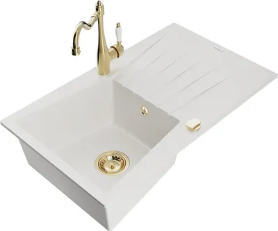 Produktbild von Mexen Cesar 1 Becken-Granitspüle mit Abtropffläche und Mischbatterie Carla, Weiß - 6514-20-670700-50